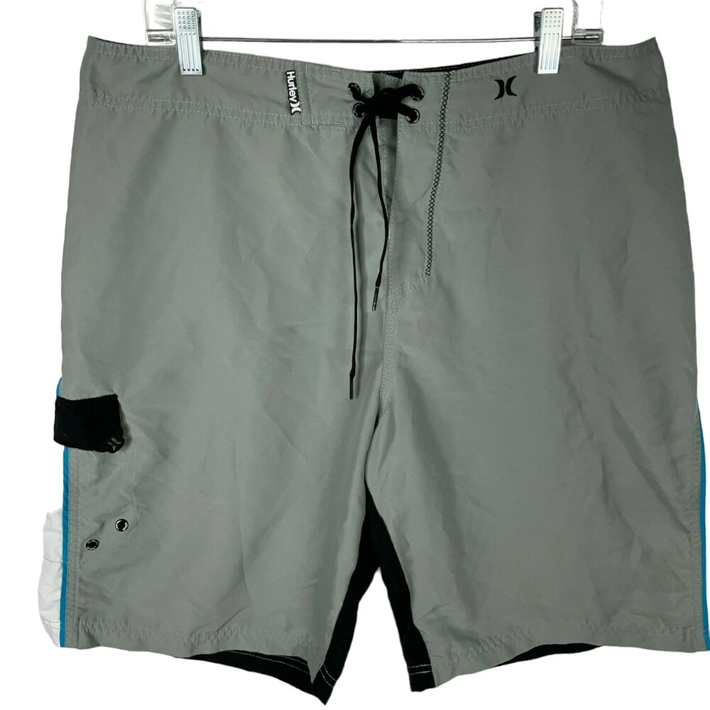 Hurley Men's Board Shorts Size 36 Gray White Black Blue Swimming Surf w/Pocket